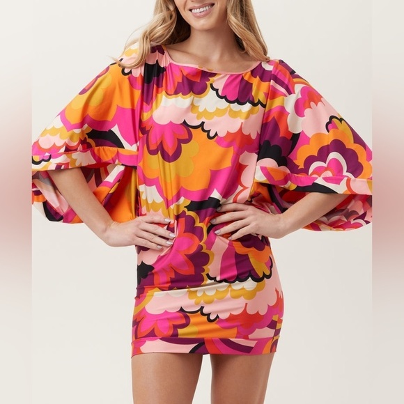 Trina Turk FAN FAIRE SWIM TUNIC DRESS psychedelic floral retro mini women’s XL - Picture 3 of 13